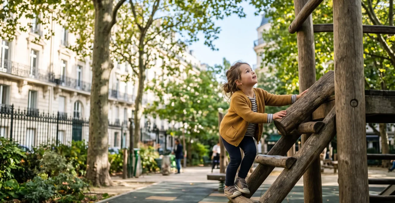 Enfant explorant une structure de jeu en bois dans un square urbain français, entouré de verdure et d'immeubles haussmanniens en arrière-plan flou
