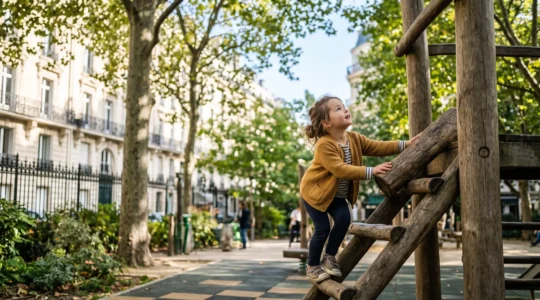 Enfant explorant une structure de jeu en bois dans un square urbain français, entouré de verdure et d'immeubles haussmanniens en arrière-plan flou