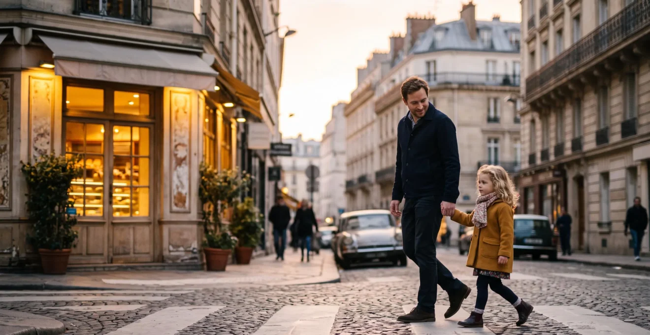 Un père et sa fille se tiennent la main en traversant une rue parisienne près d'une boulangerie, illustrant l'apprentissage du savoir-vivre urbain