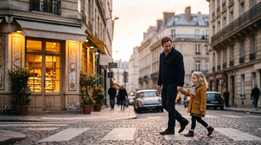 Un père et sa fille se tiennent la main en traversant une rue parisienne près d'une boulangerie, illustrant l'apprentissage du savoir-vivre urbain