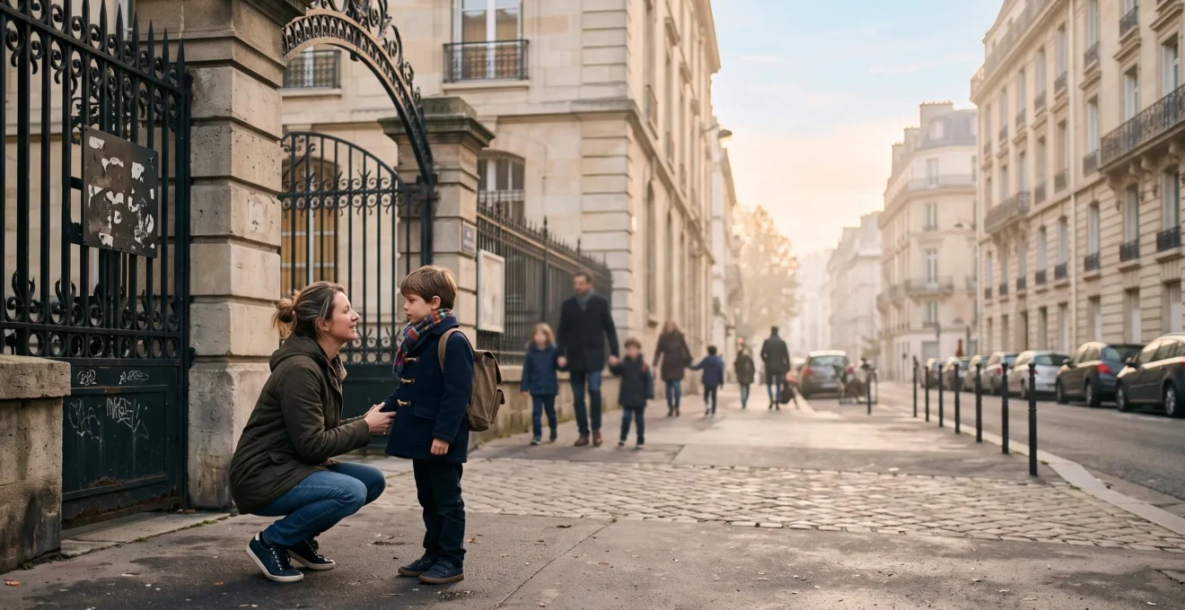 Un parent et son enfant se tenant la main devant une école primaire dans une rue urbaine française au petit matin