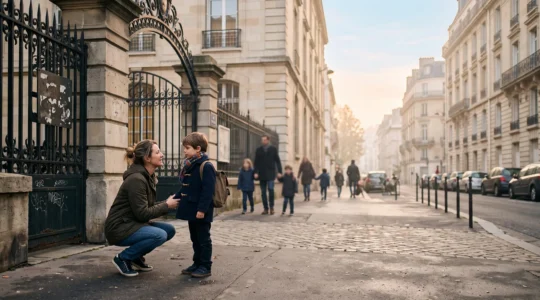 Un parent et son enfant se tenant la main devant une école primaire dans une rue urbaine française au petit matin
