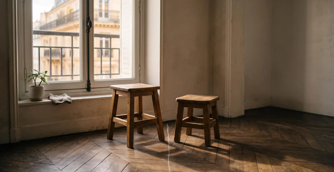 Deux tabourets d'enfant places cote a cote pres d'une fenetre dans un appartement parisien, symbole de la cohabitation fraternelle