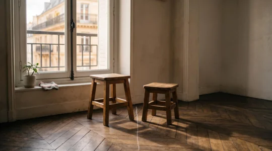Deux tabourets d'enfant places cote a cote pres d'une fenetre dans un appartement parisien, symbole de la cohabitation fraternelle