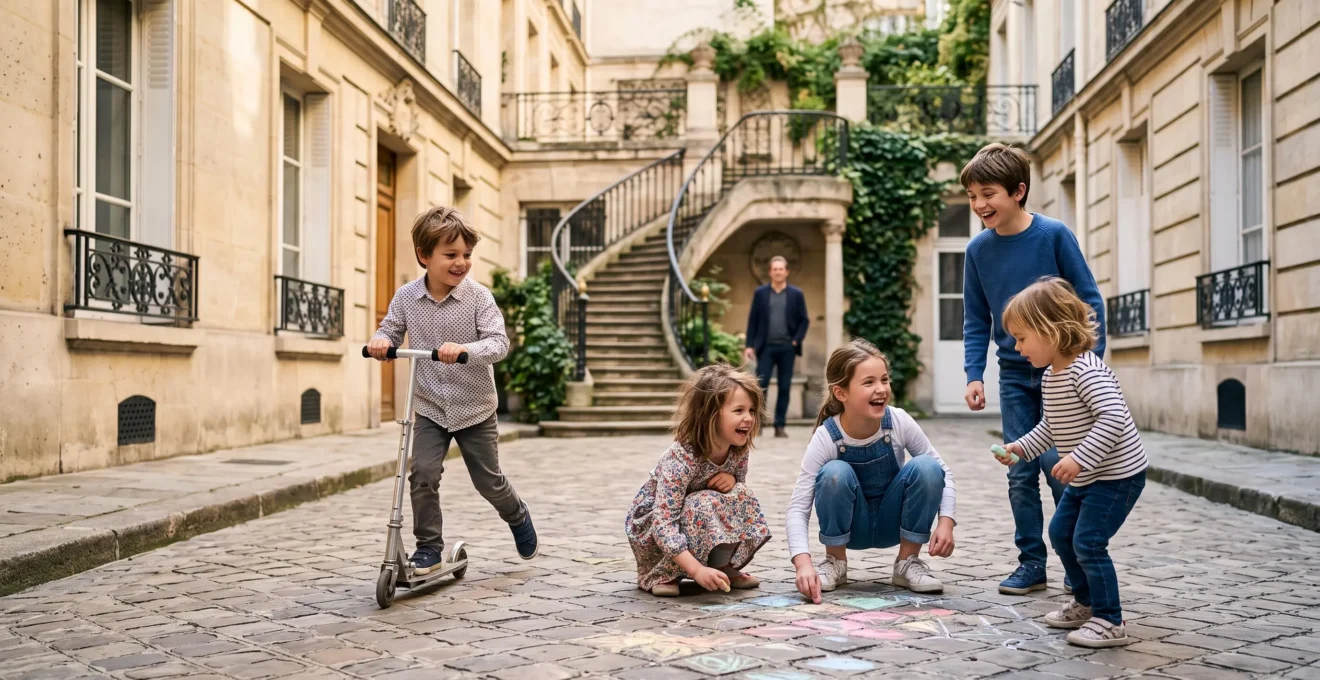 Groupe d'enfants d'ages varies jouant ensemble dans une cour d'immeuble parisien, symbolisant les retrouvailles regulieres entre cousins en ville