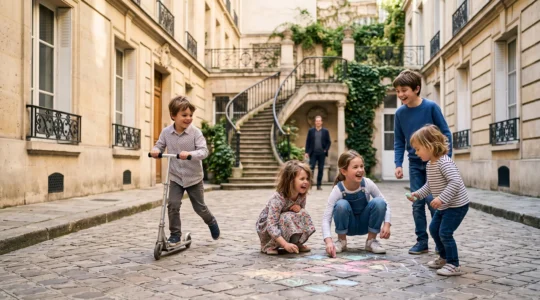 Groupe d'enfants d'ages varies jouant ensemble dans une cour d'immeuble parisien, symbolisant les retrouvailles regulieres entre cousins en ville