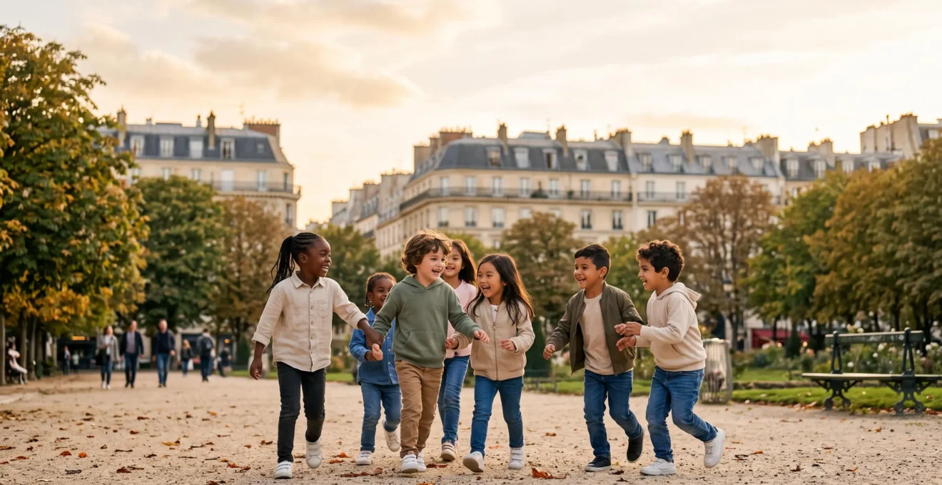 Groupe d'enfants d'origines diverses jouant ensemble dans un parc urbain parisien, symbolisant l'ouverture d'esprit apportée par la diversité de la ville.