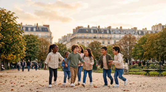 Groupe d'enfants d'origines diverses jouant ensemble dans un parc urbain parisien, symbolisant l'ouverture d'esprit apportée par la diversité de la ville.