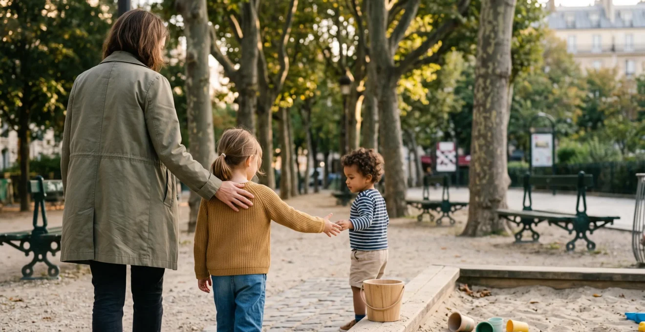 Un enfant et un adulte partageant un moment de complicité dans un square parisien, symbole de l'empathie apprise en milieu urbain