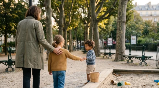 Un enfant et un adulte partageant un moment de complicité dans un square parisien, symbole de l'empathie apprise en milieu urbain