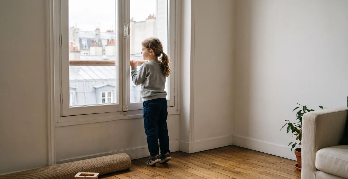 Un enfant regarde par la fenêtre de son appartement parisien, symbolisant le besoin de mouvement en milieu urbain