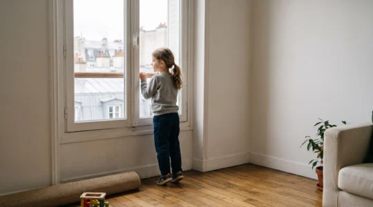 Un enfant regarde par la fenêtre de son appartement parisien, symbolisant le besoin de mouvement en milieu urbain