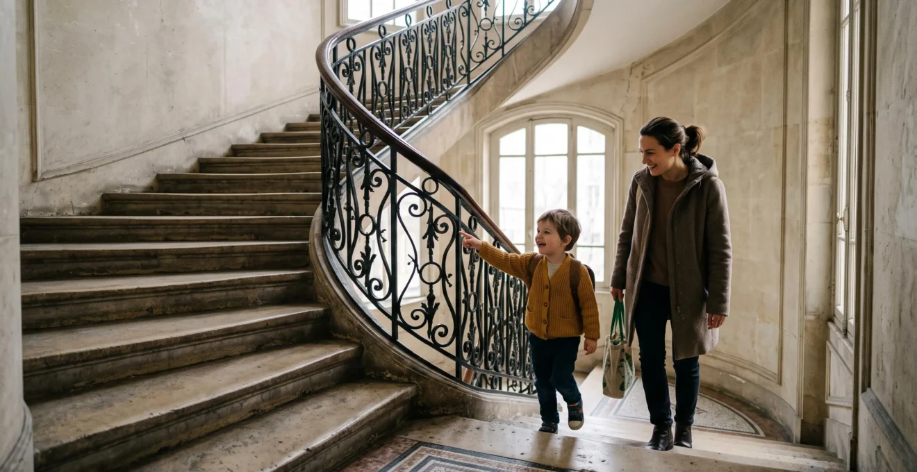 Un enfant compte les marches d'un escalier d'immeuble parisien avec sa mere, apprentissage ludique des chiffres avant le CP