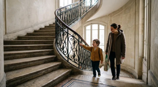 Un enfant compte les marches d'un escalier d'immeuble parisien avec sa mere, apprentissage ludique des chiffres avant le CP
