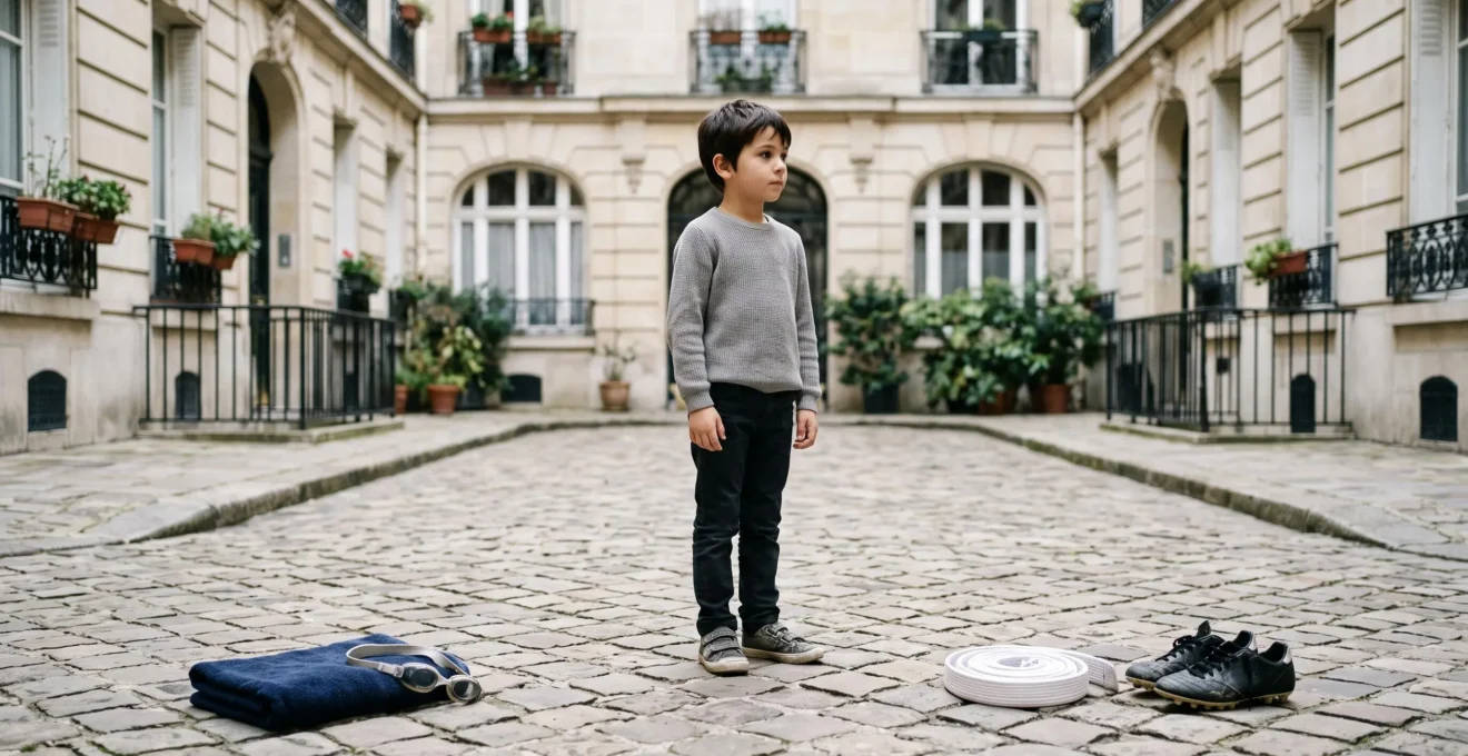 Un enfant se tenant à un carrefour symbolique dans une cour urbaine parisienne, entouré d'objets sportifs évoquant différentes disciplines