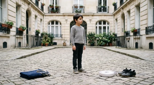 Un enfant se tenant à un carrefour symbolique dans une cour urbaine parisienne, entouré d'objets sportifs évoquant différentes disciplines