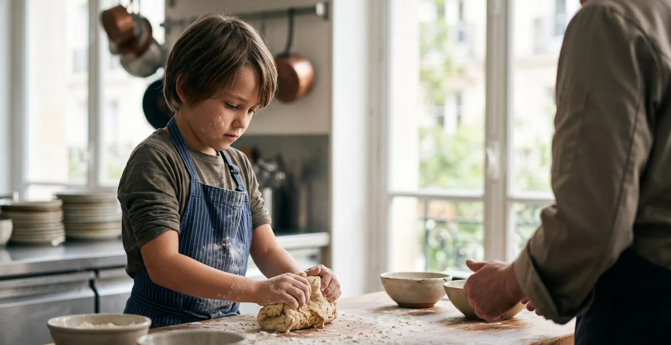Un enfant concentré participant à un atelier de cuisine dans un cadre urbain lumineux, symbole de l'apprentissage ludique en ville
