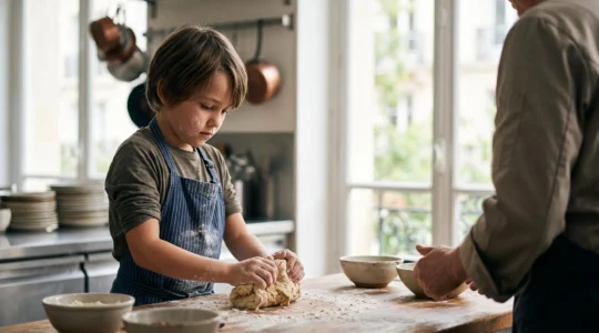Un enfant concentré participant à un atelier de cuisine dans un cadre urbain lumineux, symbole de l'apprentissage ludique en ville