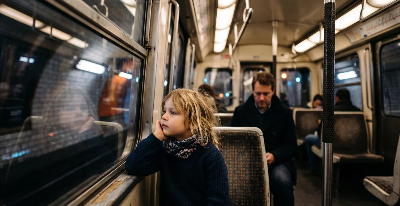 Un enfant regarde avec émerveillement par la fenêtre d'une rame de métro parisien, incarnant l'apprentissage par l'observation du quotidien urbain.