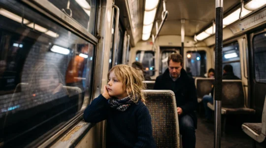 Un enfant regarde avec émerveillement par la fenêtre d'une rame de métro parisien, incarnant l'apprentissage par l'observation du quotidien urbain.