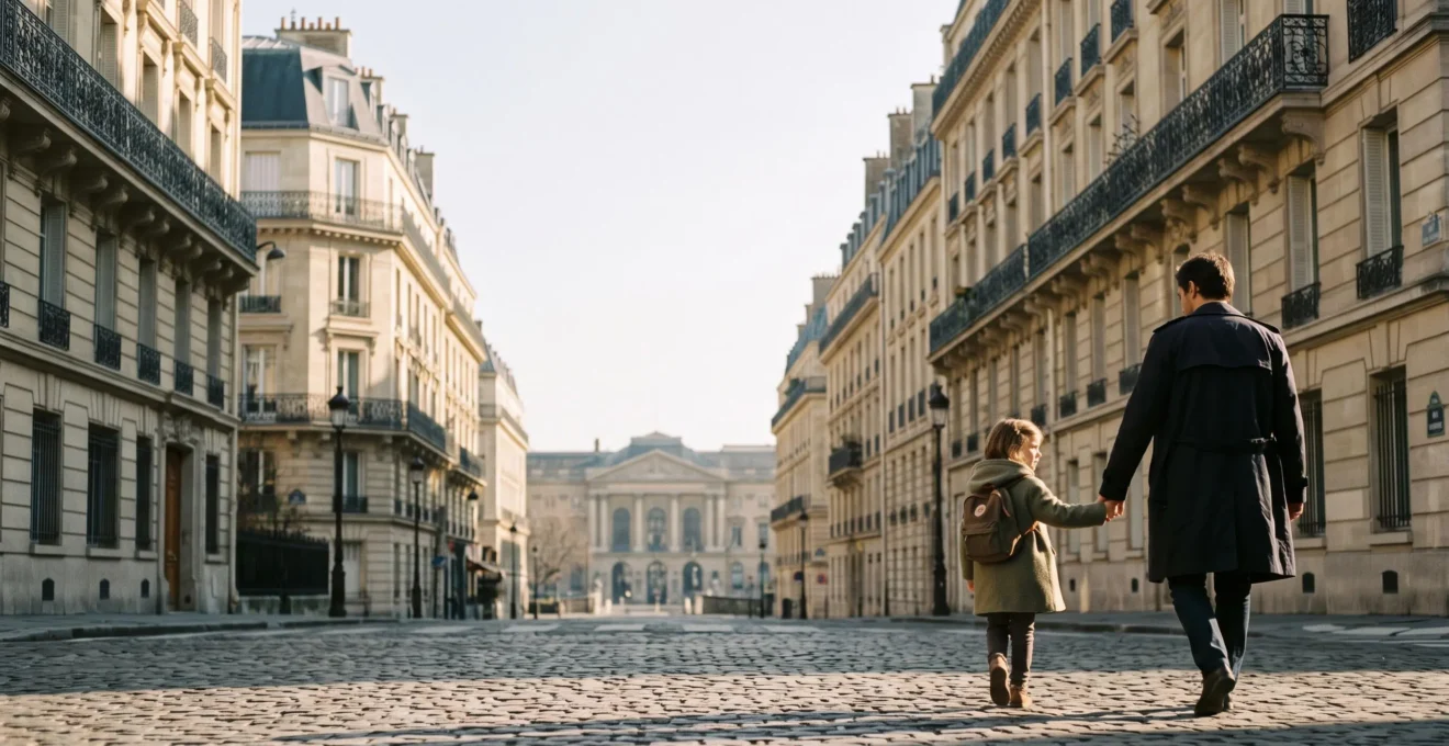 Un enfant tenant la main d'un parent lève les yeux vers l'architecture haussmannienne d'une rue de ville française, symbole de la richesse culturelle urbaine