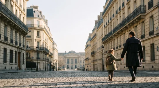 Un enfant tenant la main d'un parent lève les yeux vers l'architecture haussmannienne d'une rue de ville française, symbole de la richesse culturelle urbaine