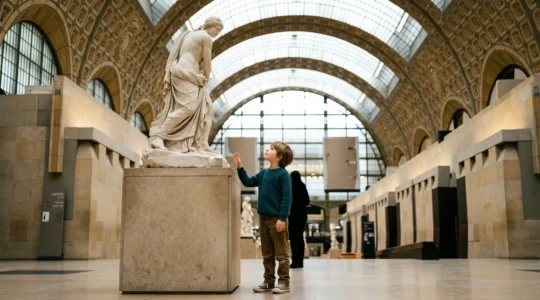 Un enfant lève les yeux, émerveillé, devant une grande sculpture dans un musée parisien lumineux