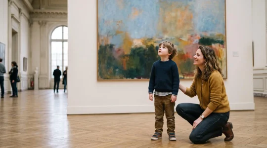 Un enfant de six ans emerveille devant une grande toile dans un musee parisien