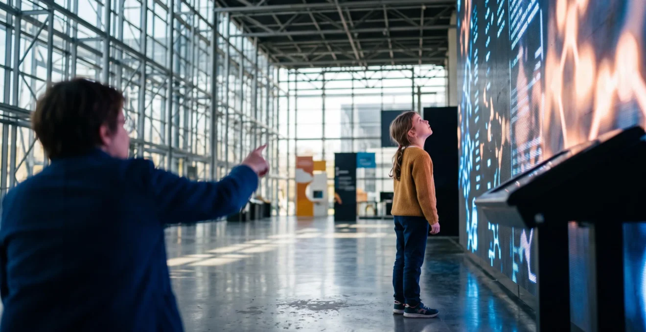Jeune enfant emerveille devant un dispositif scientifique interactif dans un musee francais baigne de lumiere naturelle