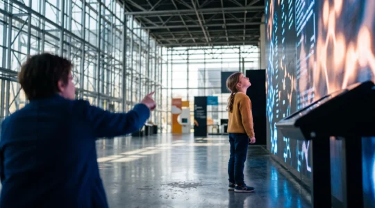 Jeune enfant emerveille devant un dispositif scientifique interactif dans un musee francais baigne de lumiere naturelle