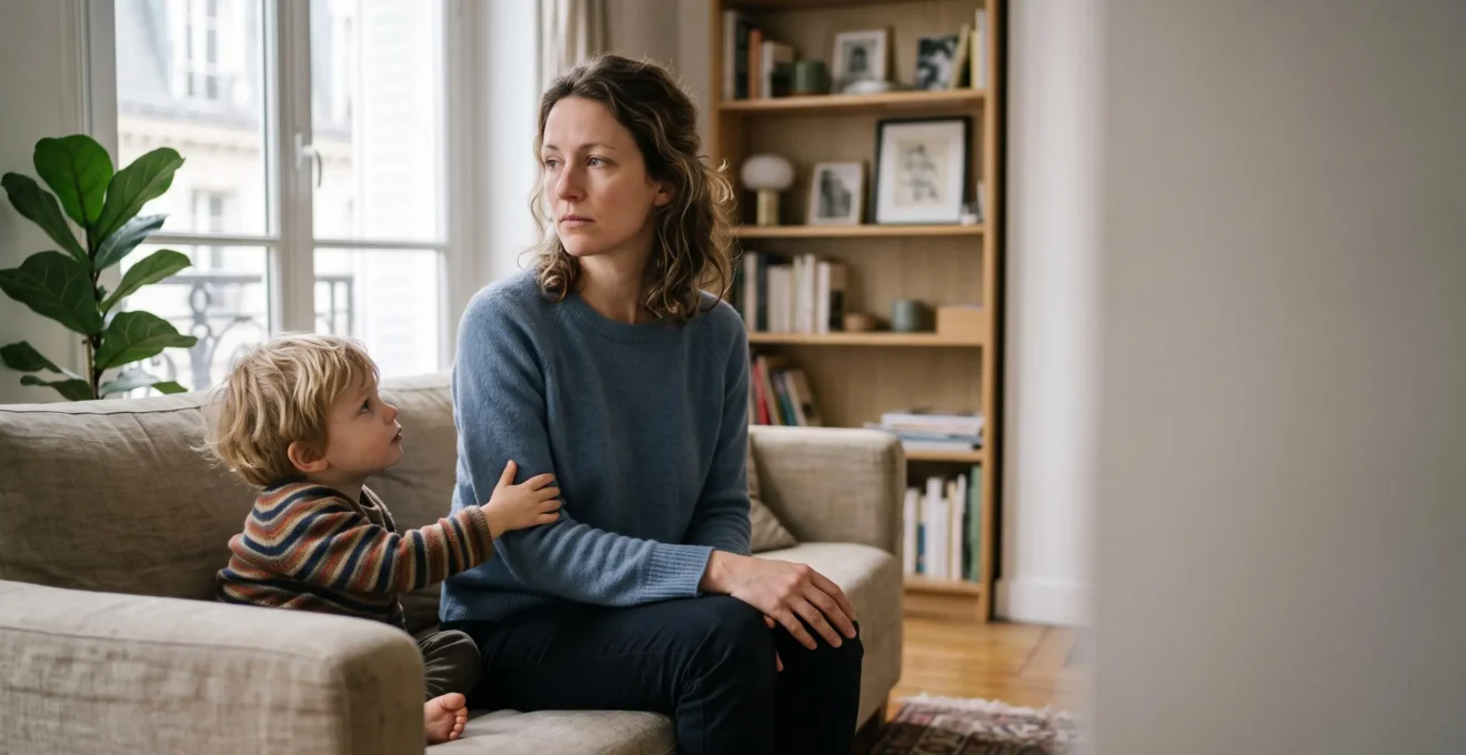 Un parent assis près de son enfant dans un appartement parisien, tous deux proches physiquement mais séparés par une distance émotionnelle palpable