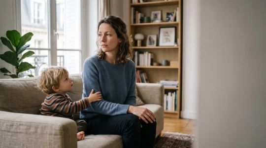 Un parent assis près de son enfant dans un appartement parisien, tous deux proches physiquement mais séparés par une distance émotionnelle palpable