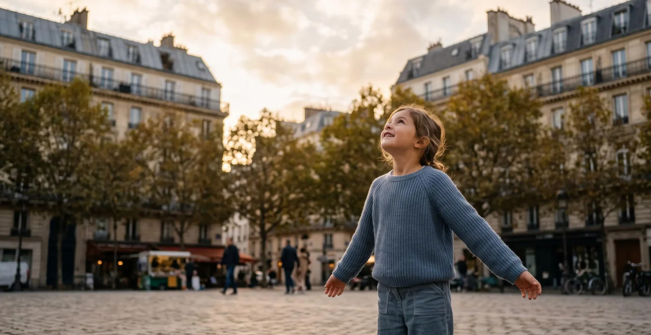 Un enfant souriant observe la ville depuis un square parisien, entoure d'architecture haussmannienne et de platanes