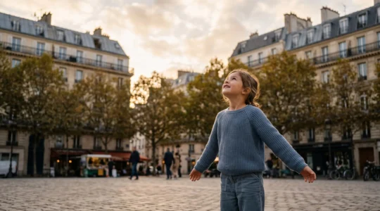 Un enfant souriant observe la ville depuis un square parisien, entoure d'architecture haussmannienne et de platanes