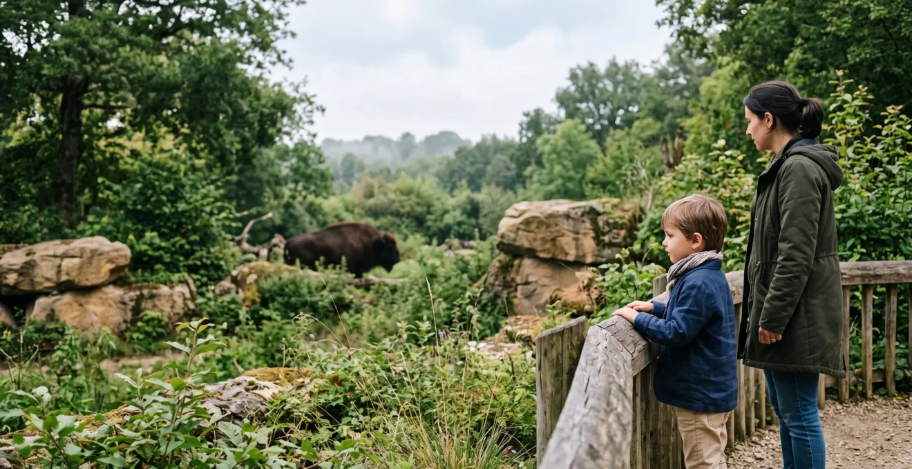 Enfant et parent observant avec emerveillement un enclos naturel dans un zoo francais baigne de lumiere du matin