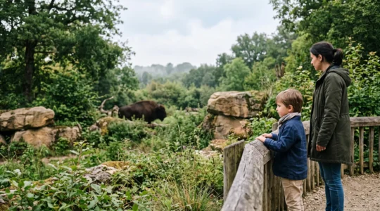 Enfant et parent observant avec emerveillement un enclos naturel dans un zoo francais baigne de lumiere du matin