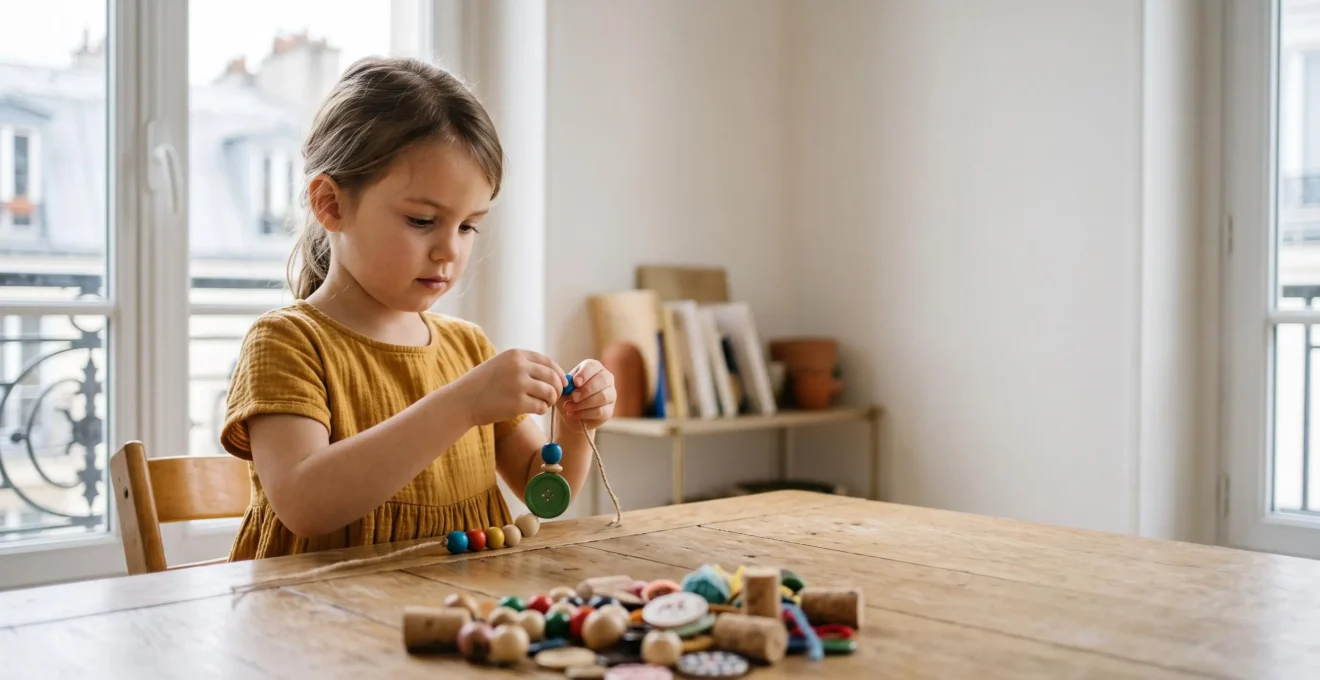 Un enfant concentré fabrique un bracelet en perles recyclées sur la table du salon d'un appartement parisien lumineux.