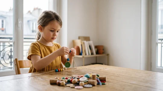 Un enfant concentré fabrique un bracelet en perles recyclées sur la table du salon d'un appartement parisien lumineux.