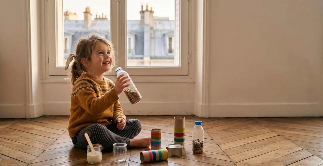 Jeune enfant assis sur le parquet d'un appartement parisien, fabriquant un instrument de musique avec des objets du quotidien recyclés