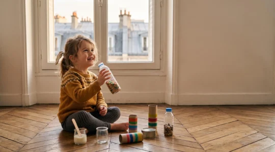 Jeune enfant assis sur le parquet d'un appartement parisien, fabriquant un instrument de musique avec des objets du quotidien recyclés