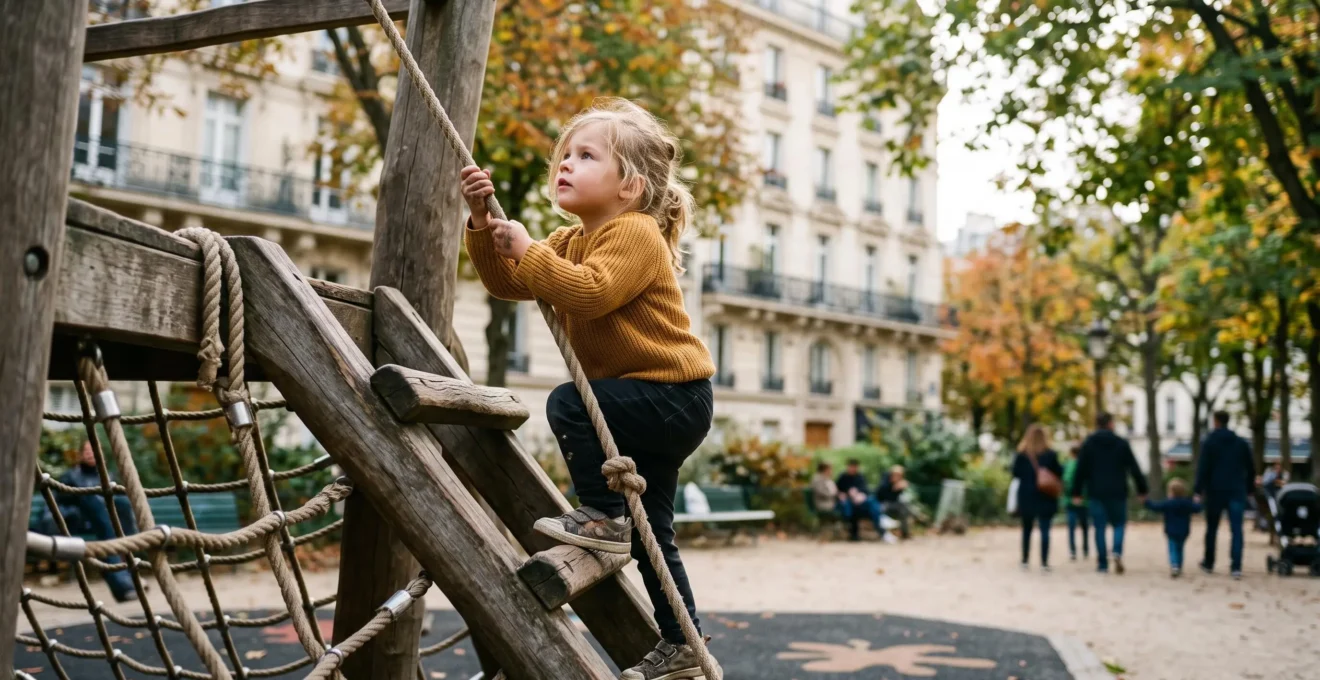 Enfant grimpant avec assurance sur une structure de jeu en bois dans un square urbain parisien, sous le regard bienveillant d'un parent en arrière-plan