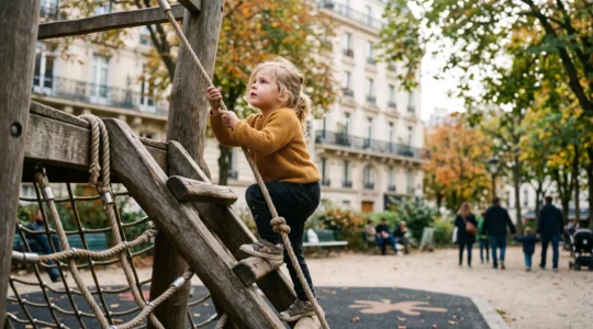 Enfant grimpant avec assurance sur une structure de jeu en bois dans un square urbain parisien, sous le regard bienveillant d'un parent en arrière-plan