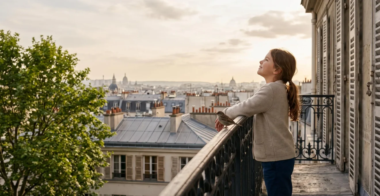 Un enfant souriant observe son quartier parisien depuis un balcon en pierre, incarnant le bonheur véritable en milieu urbain