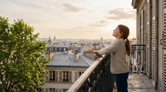 Un enfant souriant observe son quartier parisien depuis un balcon en pierre, incarnant le bonheur véritable en milieu urbain