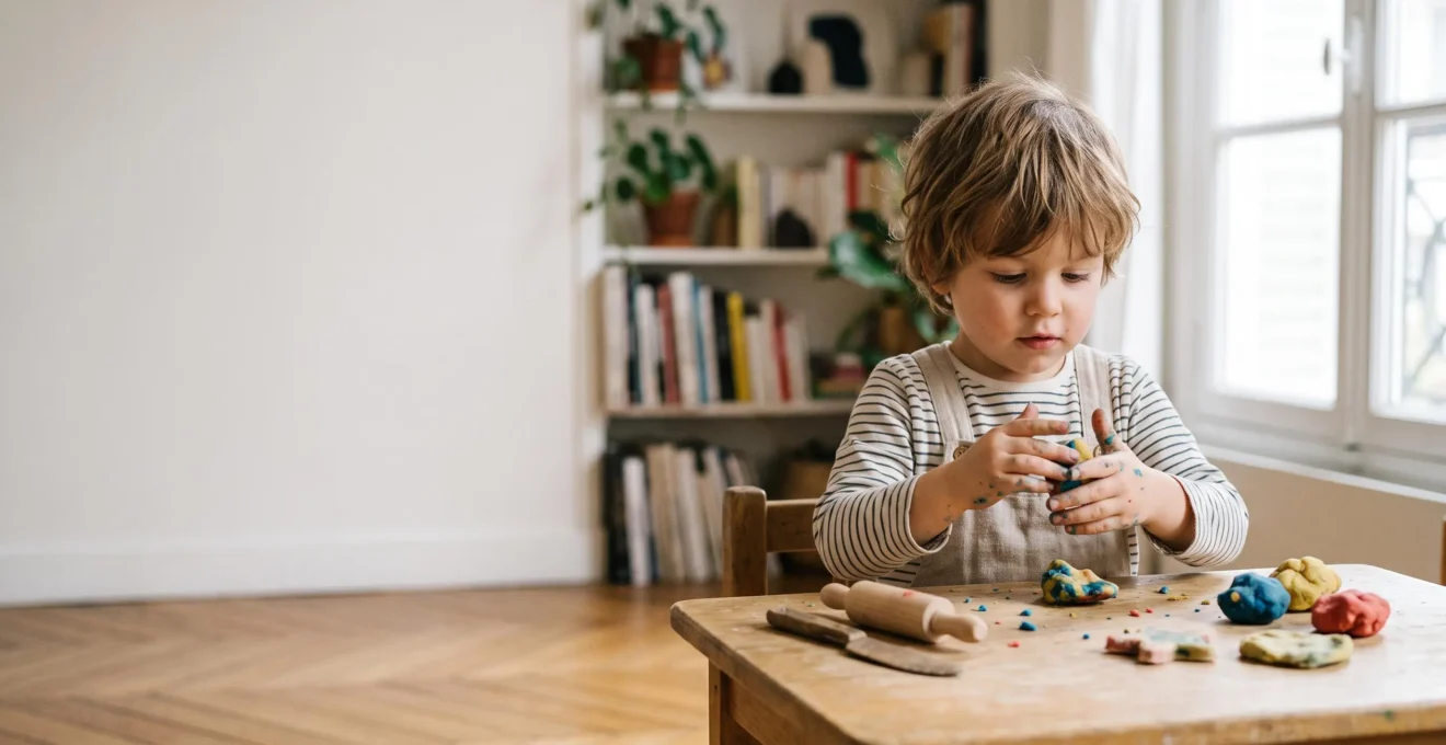 Enfant concentré en train de modeler une forme avec de la pâte à modeler colorée sur une table en bois, dans un appartement lumineux typique de la ville en France.