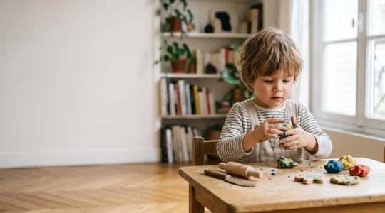 Enfant concentré en train de modeler une forme avec de la pâte à modeler colorée sur une table en bois, dans un appartement lumineux typique de la ville en France.