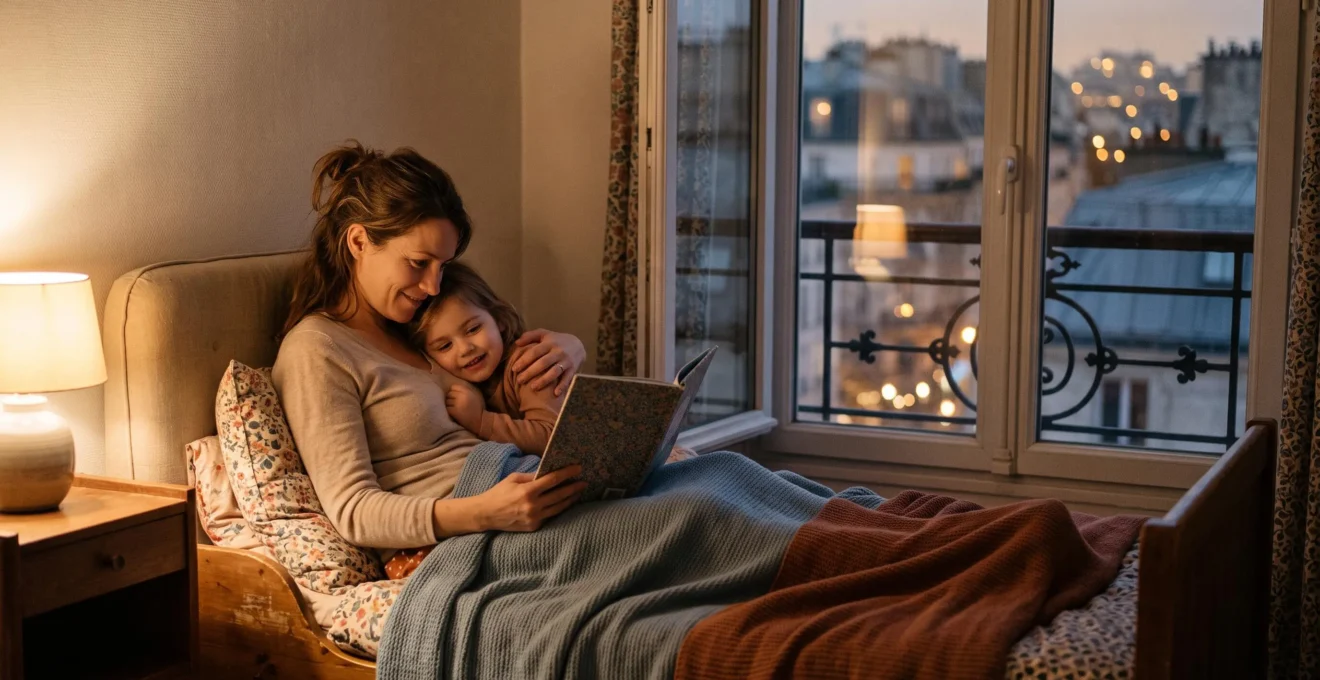 Un parent et son enfant partagent un moment de lecture apaisant le soir, à l'abri du rythme trepidant de la ville