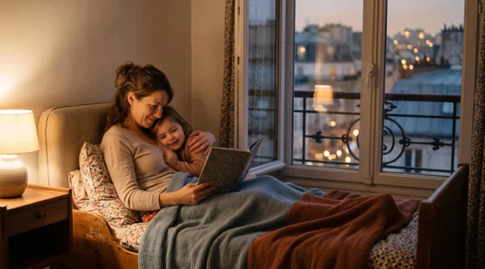 Un parent et son enfant partagent un moment de lecture apaisant le soir, à l'abri du rythme trepidant de la ville