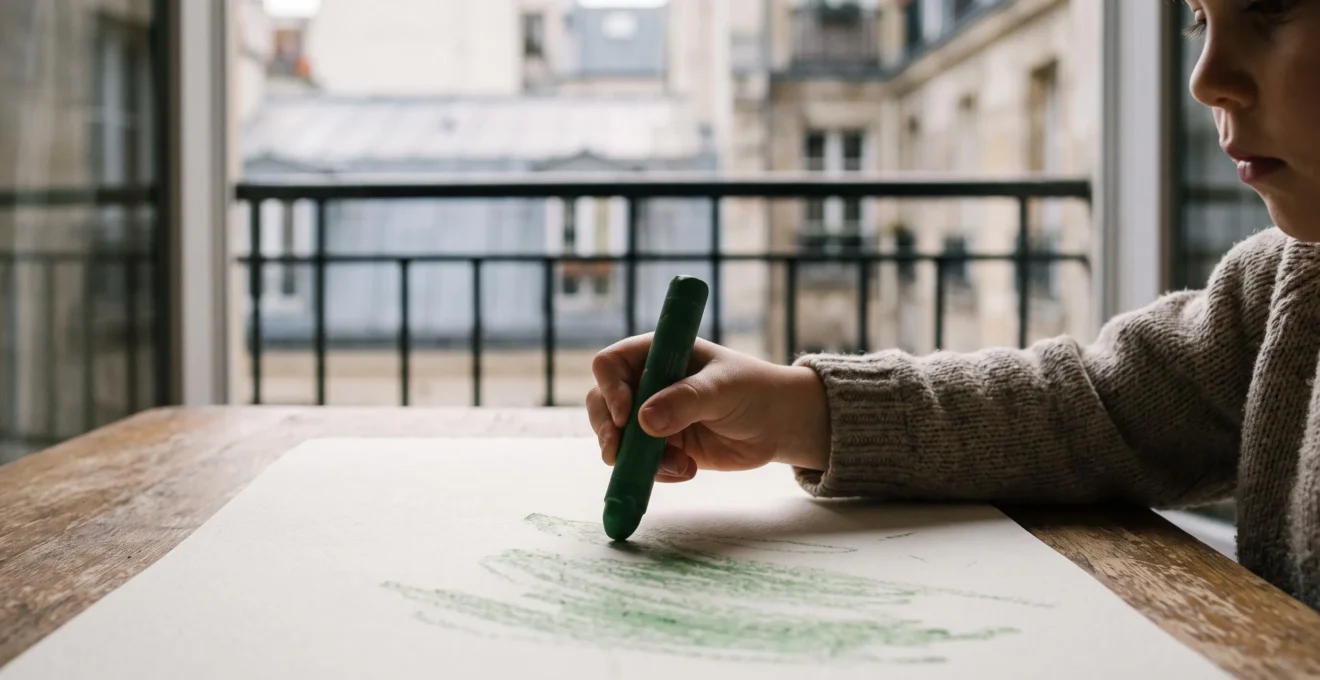 Main d'un jeune enfant manipulant un gros crayon de cire dans un contexte urbain lumineux, en préparation à l'écriture avant le CP