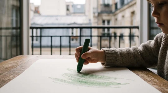 Main d'un jeune enfant manipulant un gros crayon de cire dans un contexte urbain lumineux, en préparation à l'écriture avant le CP